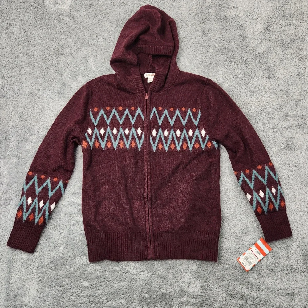 Cat & Jack Sweater Kids M 8/10 Burgundy Full Zip Hooded Fair Isle Geometric Knit
